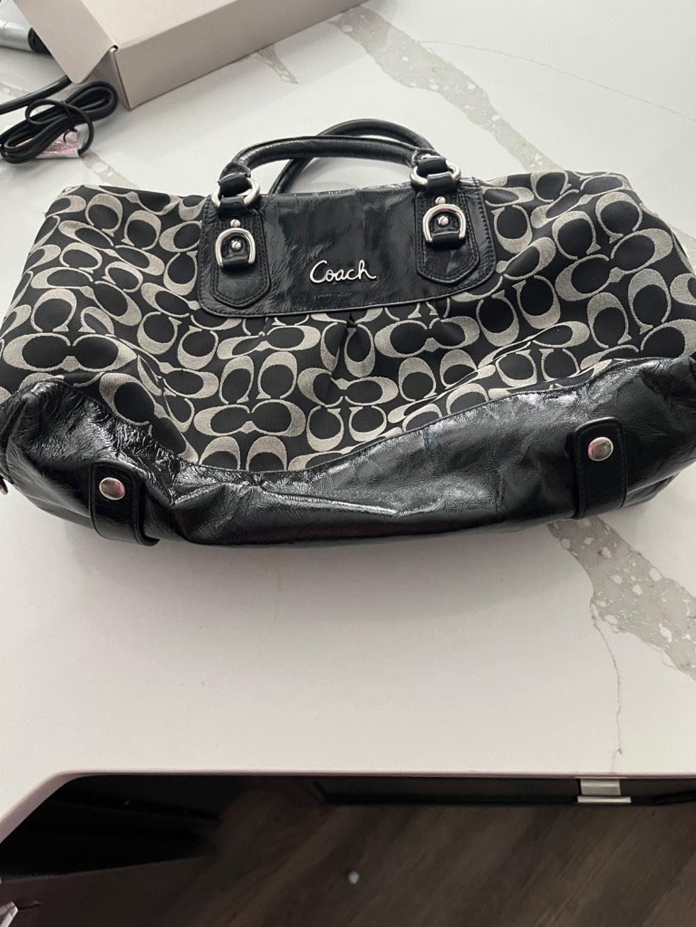 Coach Black and Cream Signature Logo Tote